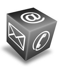 Bild eines Würfels mit Mail, Telefon und @ Symbol. Verlinkung zur Kontaktseite